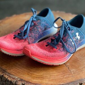 Under Armour Women's Coral Pink and Navy Knit Running Sneakers